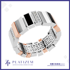 A 3D render of a Platizem geometric band ring, featuring white and rose gold geometric segments, black inlays, and clear gemstone accents, set against a white background with a blue border and brand logo.