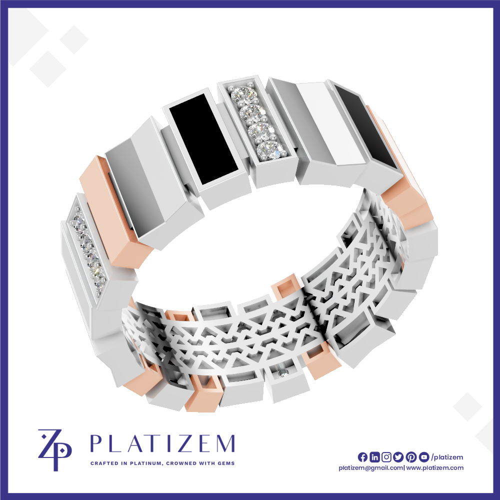 A 3D render of a Platizem geometric band ring, featuring white and rose gold geometric segments, black inlays, and clear gemstone accents, set against a white background with a blue border and brand logo.