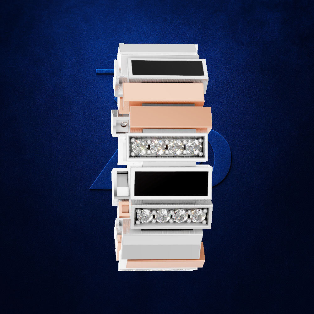 A stacked set of luxury jewelry pieces, including diamond rings and a watch, presented in a clean, modern 3D render on a textured dark blue background.