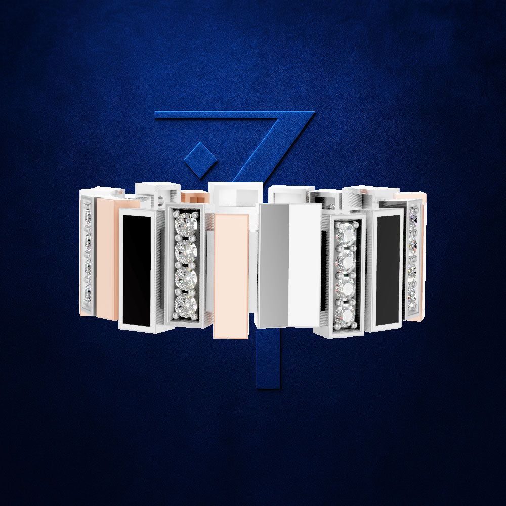 A ring shown in a floating, exploded-style render with multiple side views of its band and clear gemstone sections, centered on a dark blue textured background with a large blue number 7 behind it.