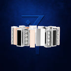 A ring shown in a floating, exploded-style render with multiple side views of its band and clear gemstone sections, centered on a dark blue textured background with a large blue number 7 behind it.