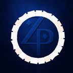 A circular white ring composed of small rectangular pieces arranged around a central blue emblem with stylized lettering, set on a dark blue textured background.
