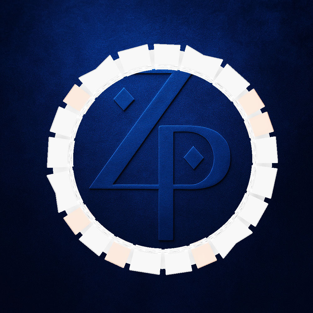 A circular white ring composed of small rectangular pieces arranged around a central blue emblem with stylized lettering, set on a dark blue textured background.