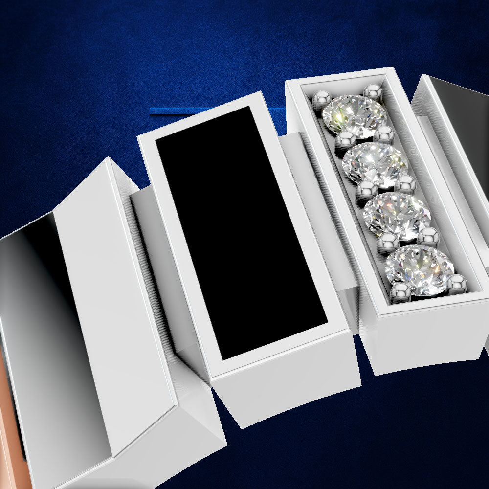 White jewelry boxes arranged on a dark blue background, with one open box showing four clear gemstones in a silver setting.