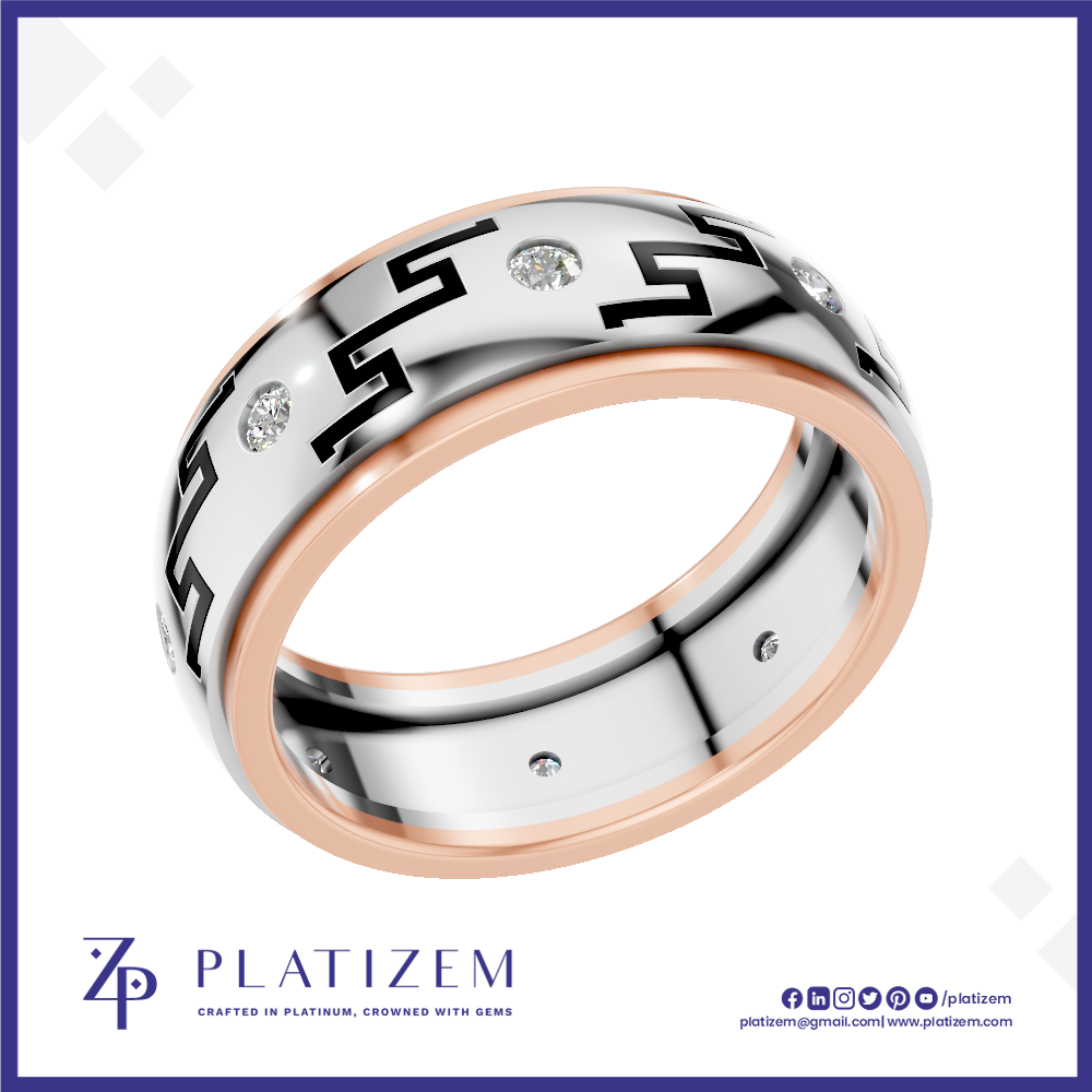 A platinum and rose gold ring with black Greek key patterns and small clear stones, shown on a white background with the brand logo 'PLATIZEM' at the bottom.
