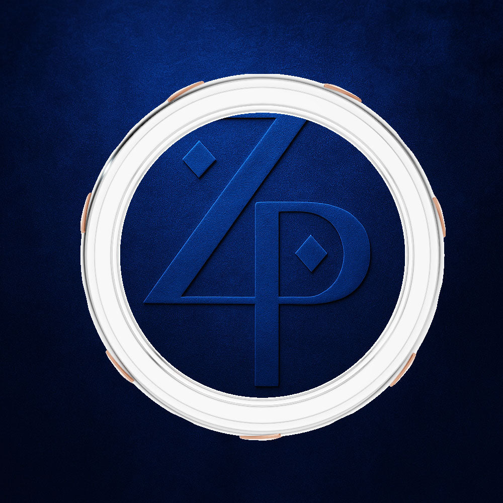 A circular white product container or tray with a dark blue interior featuring a stylized embossed 'ZP' monogram, set against a textured dark blue background.