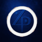 A circular white product container or tray with a dark blue interior featuring a stylized embossed 'ZP' monogram, set against a textured dark blue background.