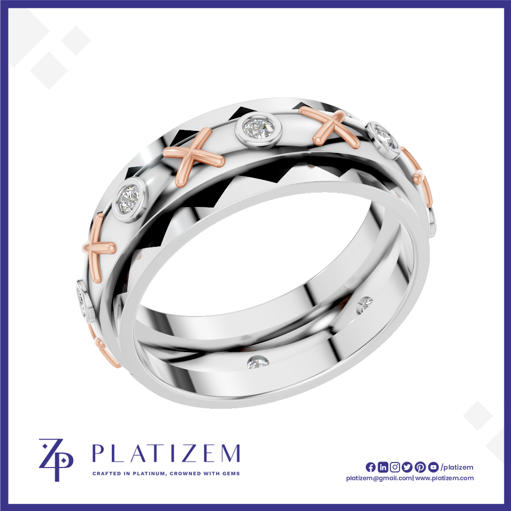 A platinum and rose gold ring with a geometric pattern and small clear gemstones, shown on a white background with the brand logo 'PLATIZEM' at the bottom.