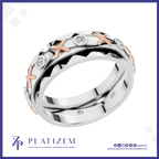 A platinum and rose gold ring with a geometric pattern and small clear gemstones, shown on a white background with the brand logo 'PLATIZEM' at the bottom.