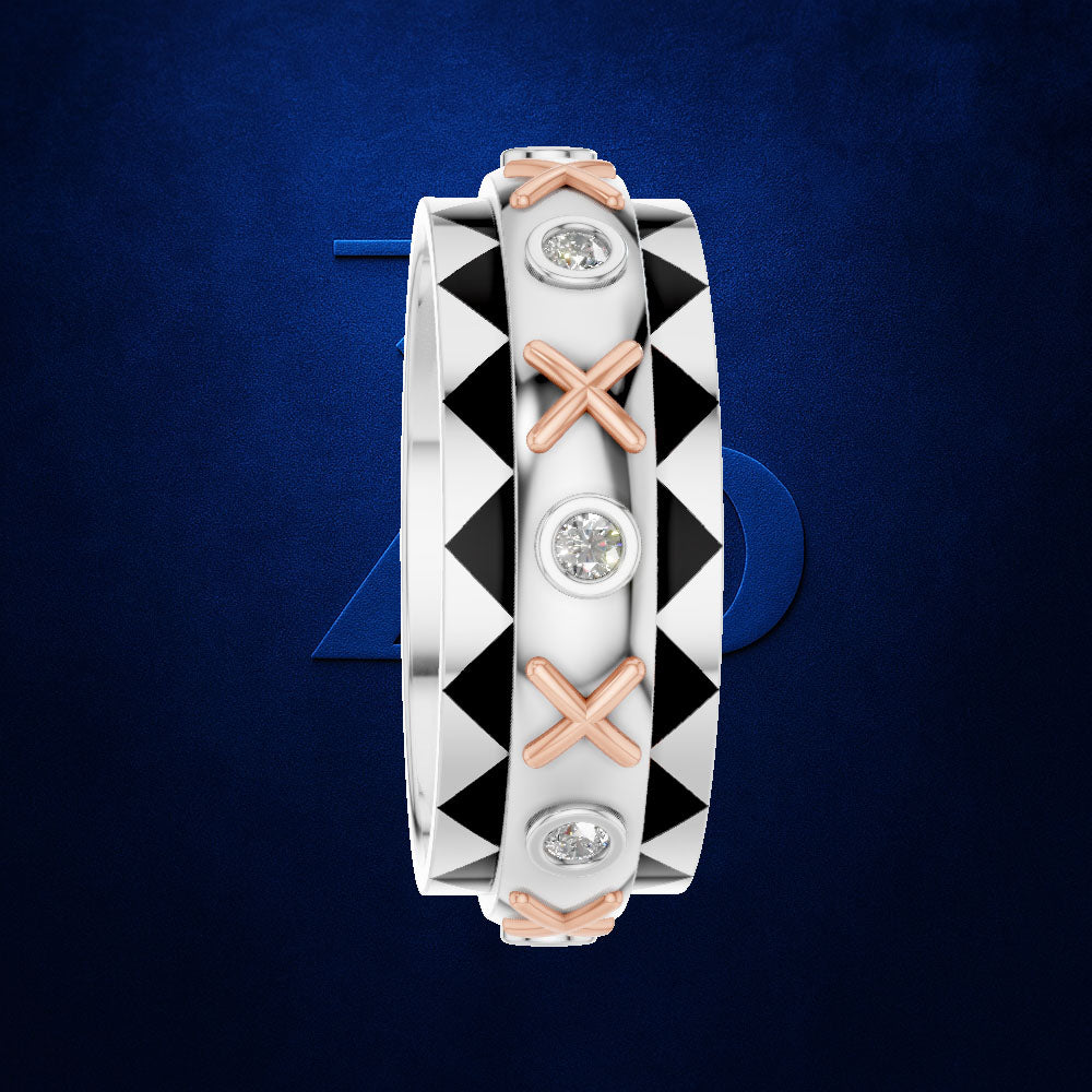 A geometric diamond band ring featuring a silver-toned body with black triangular inlays, rose gold 'X' accents, and three round-cut diamonds, set against a dark blue textured background.