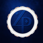 A circular watch dial or watch face design in deep blue, featuring a large stylized '4P' monogram in matching blue. The outer rim has a white circular border with rose-gold-toned accents spaced around the edge, set against a dark blue textured background.