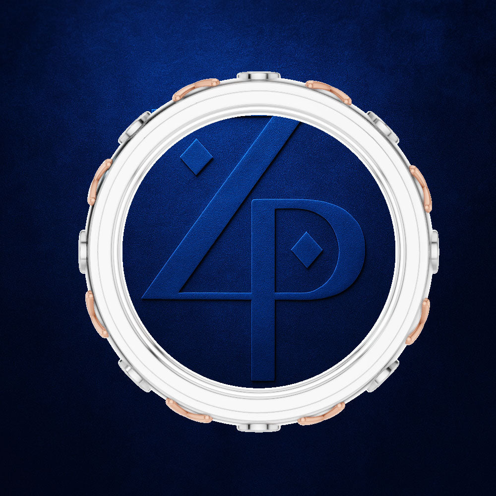 A circular watch dial or watch face design in deep blue, featuring a large stylized '4P' monogram in matching blue. The outer rim has a white circular border with rose-gold-toned accents spaced around the edge, set against a dark blue textured background.