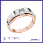 A two-tone ring featuring a silver-colored outer band and a rose gold inner band, with a princess-cut diamond set in the center. The ring is presented on a white background with a blue border, and the brand name 'PLATIZEM' is visible at the bottom.