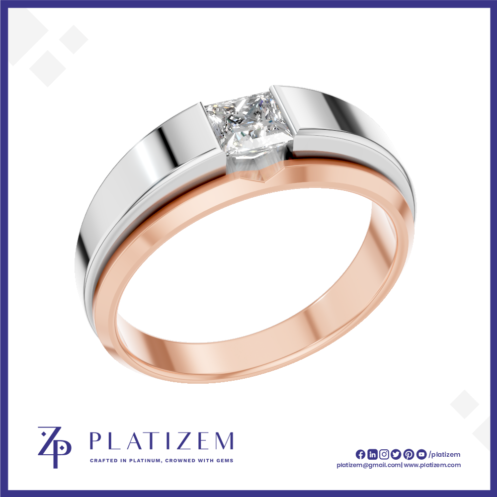 A two-tone ring featuring a silver-colored outer band and a rose gold inner band, with a princess-cut diamond set in the center. The ring is presented on a white background with a blue border, and the brand name 'PLATIZEM' is visible at the bottom.