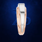 A two-tone ring featuring a polished silver-colored center and a rose gold-colored outer band, shown against a dark textured blue background with a subtle Avengers logo.