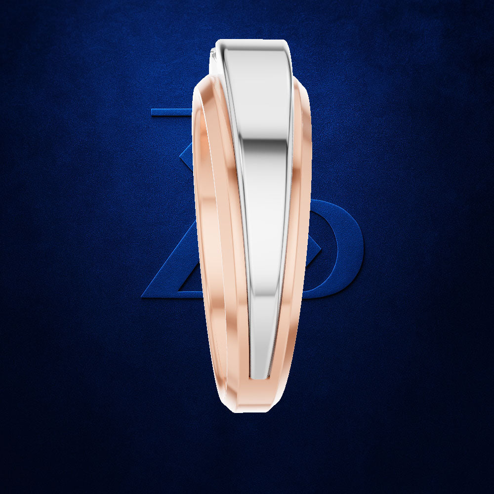 A two-tone ring featuring a polished silver-colored center and a rose gold-colored outer band, shown against a dark textured blue background with a subtle Avengers logo.