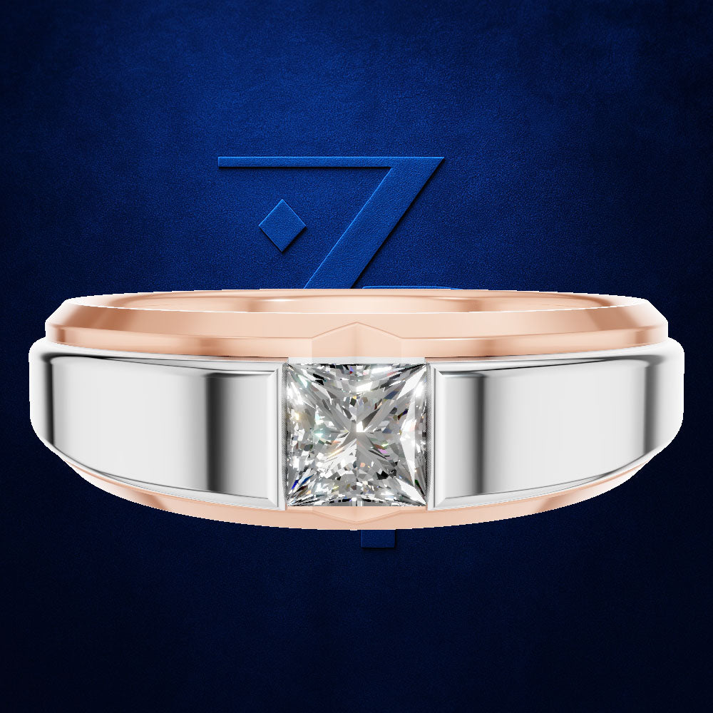 A men's ring featuring a square princess-cut diamond set in a silver-toned band with a polished rose gold inlay, shown against a dark blue textured background with a subtle blue '7' logo.