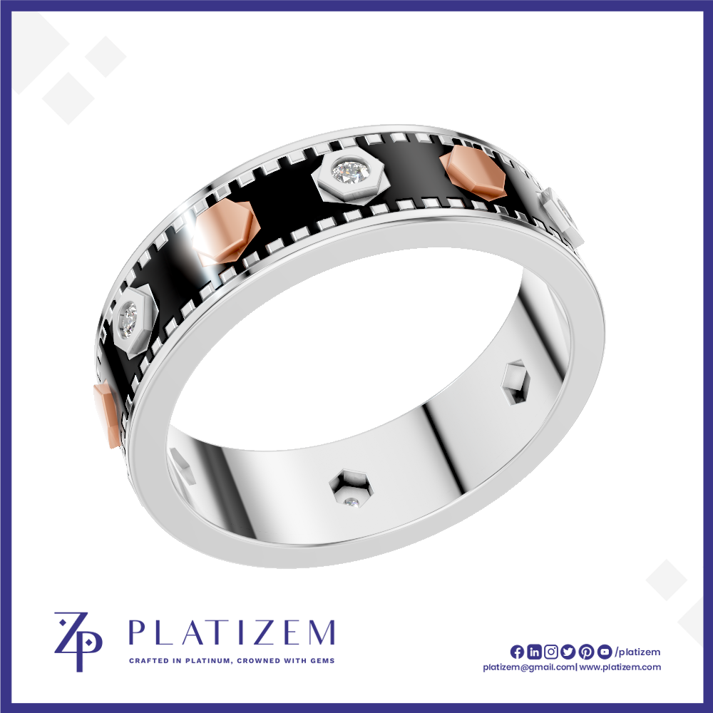 A platinum ring with a black enamel inlay, silver geometric accents, rose gold geometric accents, and small clear gemstones, shown on a white background with the brand logo 'PLATIZEM' at the bottom.