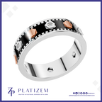A platinum ring with a black enamel inlay, silver geometric accents, rose gold geometric accents, and small clear gemstones, shown on a white background with the brand logo 'PLATIZEM' at the bottom.