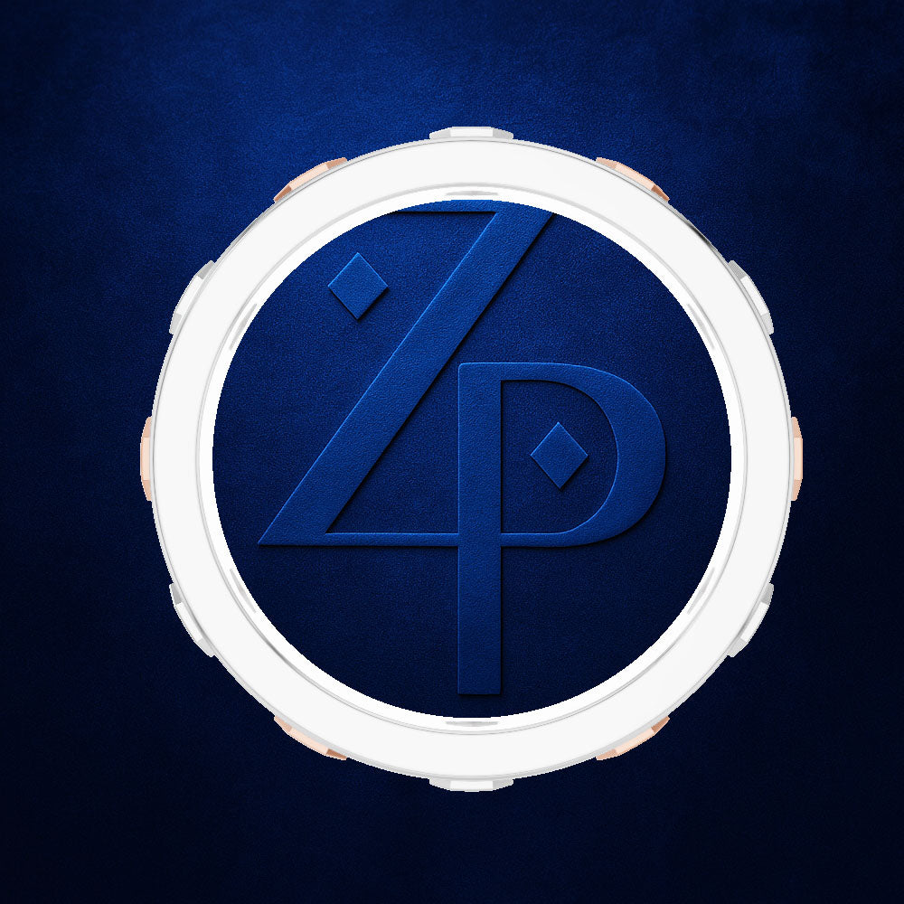 A circular white and dark blue watch face or watch face design with a stylized interlocking Z and P logo, shown on a textured dark blue background.