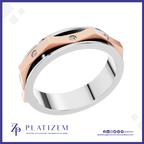 A modern platinum and rose gold ring with small clear gemstones, shown on a white background with the Platizem brand logo at the bottom.