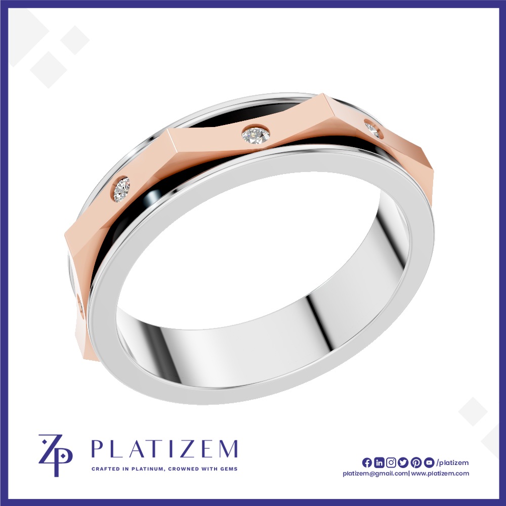 A modern platinum and rose gold ring with small clear gemstones, shown on a white background with the Platizem brand logo at the bottom.