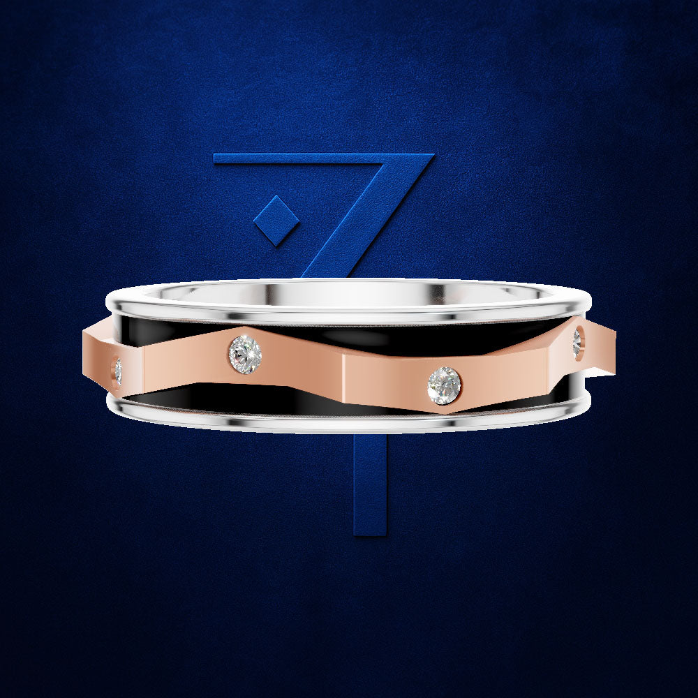 A two-tone ring with a silver outer band, a rose gold center band, and a black inlay, accented with three round-cut diamonds. The ring is shown floating against a dark blue textured background with a stylized blue number 7 behind it.