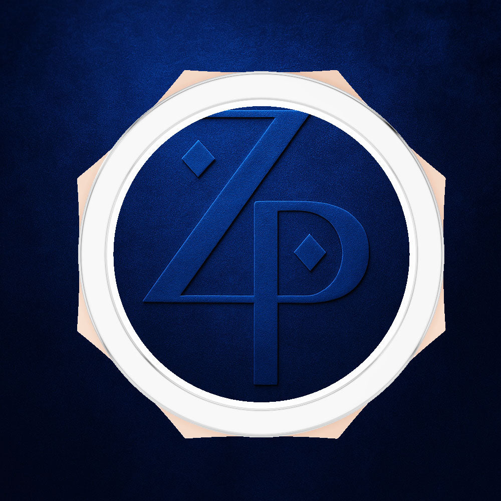 A circular white emblem with a stylized blue 'ZP' monogram on a textured dark blue background, centered on a matching dark blue backdrop.