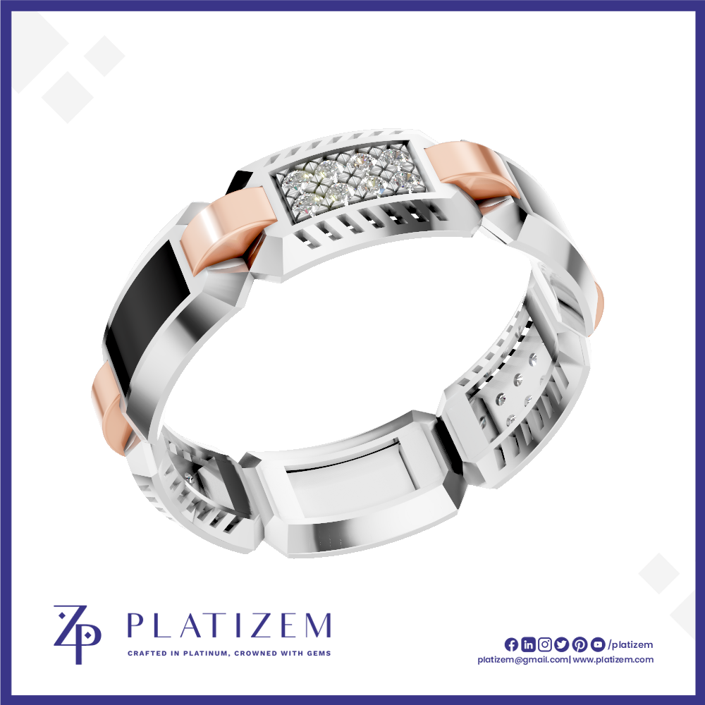 A luxury geometric ring by Platiszem, featuring a silver-toned textured band, a central rectangular inlay of clear pavé gemstones, and rose gold accents, set against a white background with a blue border.