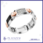 A luxury geometric ring by Platiszem, featuring a silver-toned textured band, a central rectangular inlay of clear pavé gemstones, and rose gold accents, set against a white background with a blue border.
