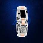 A futuristic geometric smartwatch with a silver-tone metallic body, rose gold accents, and a diamond-encrusted face, shown against a dark blue textured background.