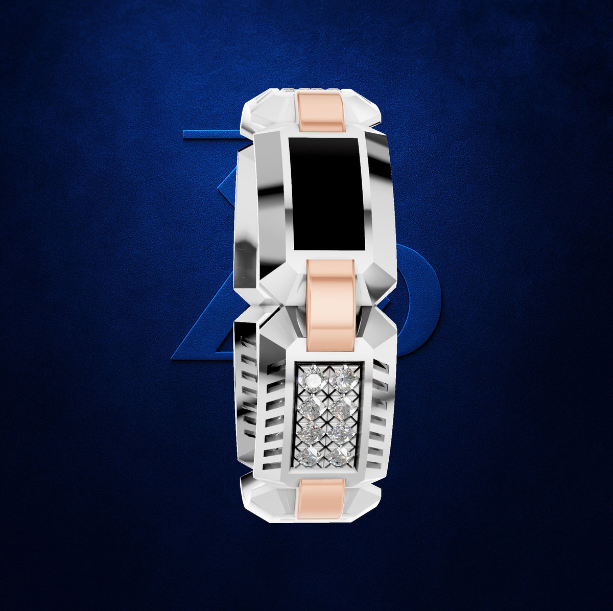 A futuristic geometric smartwatch with a silver-tone metallic body, rose gold accents, and a diamond-encrusted face, shown against a dark blue textured background.