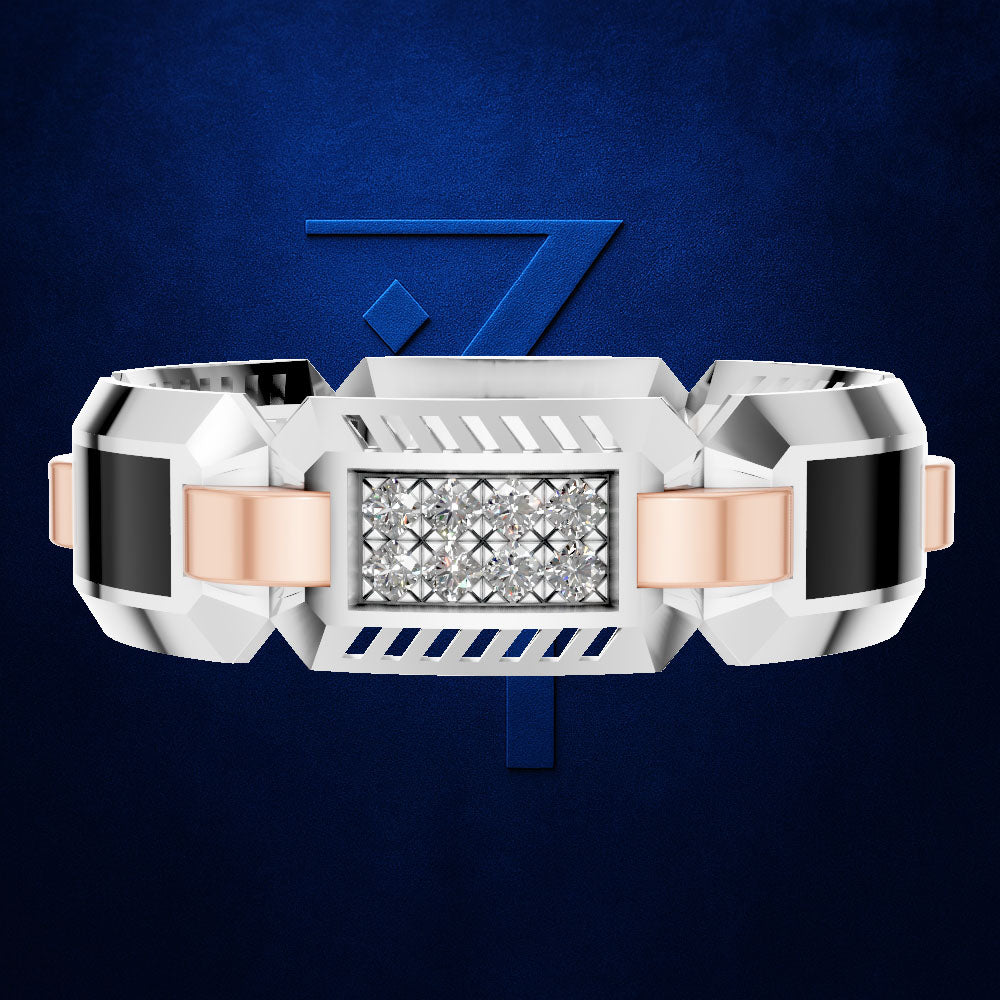 A futuristic wide silver-toned bracelet with a rectangular diamond cluster centerpiece, rose gold side accents, and black inlay panels, shown on a dark blue textured background with a stylized blue emblem behind it.