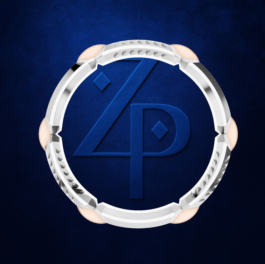 A circular silver-toned ring with pale blush pink accents and a large embossed blue '4P' monogram in the center, shown on a textured dark blue background.