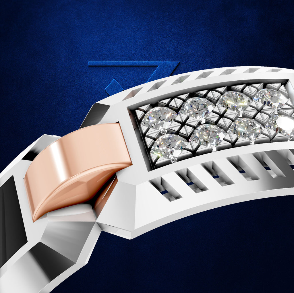 A close-up studio render of a ring with a white geometric band, a rose-gold curved accent, and a row of clear gemstones on a dark blue background.