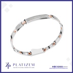 A silver-toned bangle bracelet with a central row of clear pavé stones and rose gold accent squares, displayed on a white background with the Platizem brand logo at the bottom.