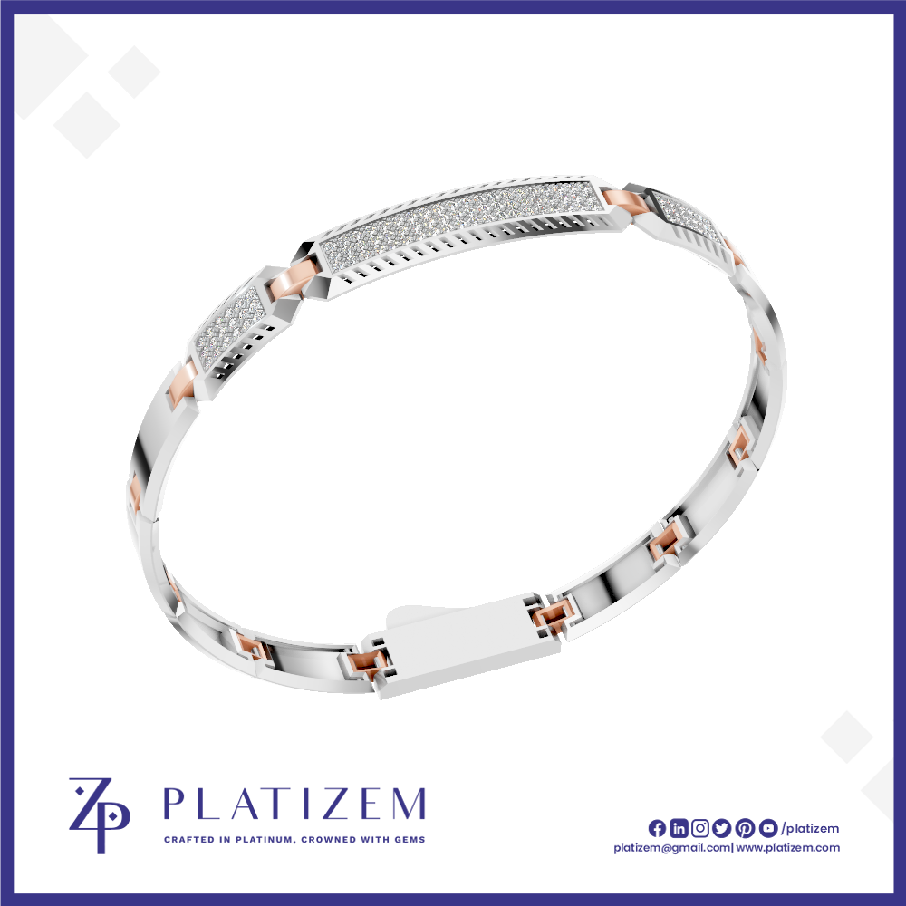 A silver-toned bangle bracelet with a central row of clear pavé stones and rose gold accent squares, displayed on a white background with the Platizem brand logo at the bottom.