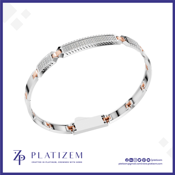A silver-toned bangle bracelet with a central row of clear pavé stones and rose gold accent squares, displayed on a white background with the Platizem brand logo at the bottom.