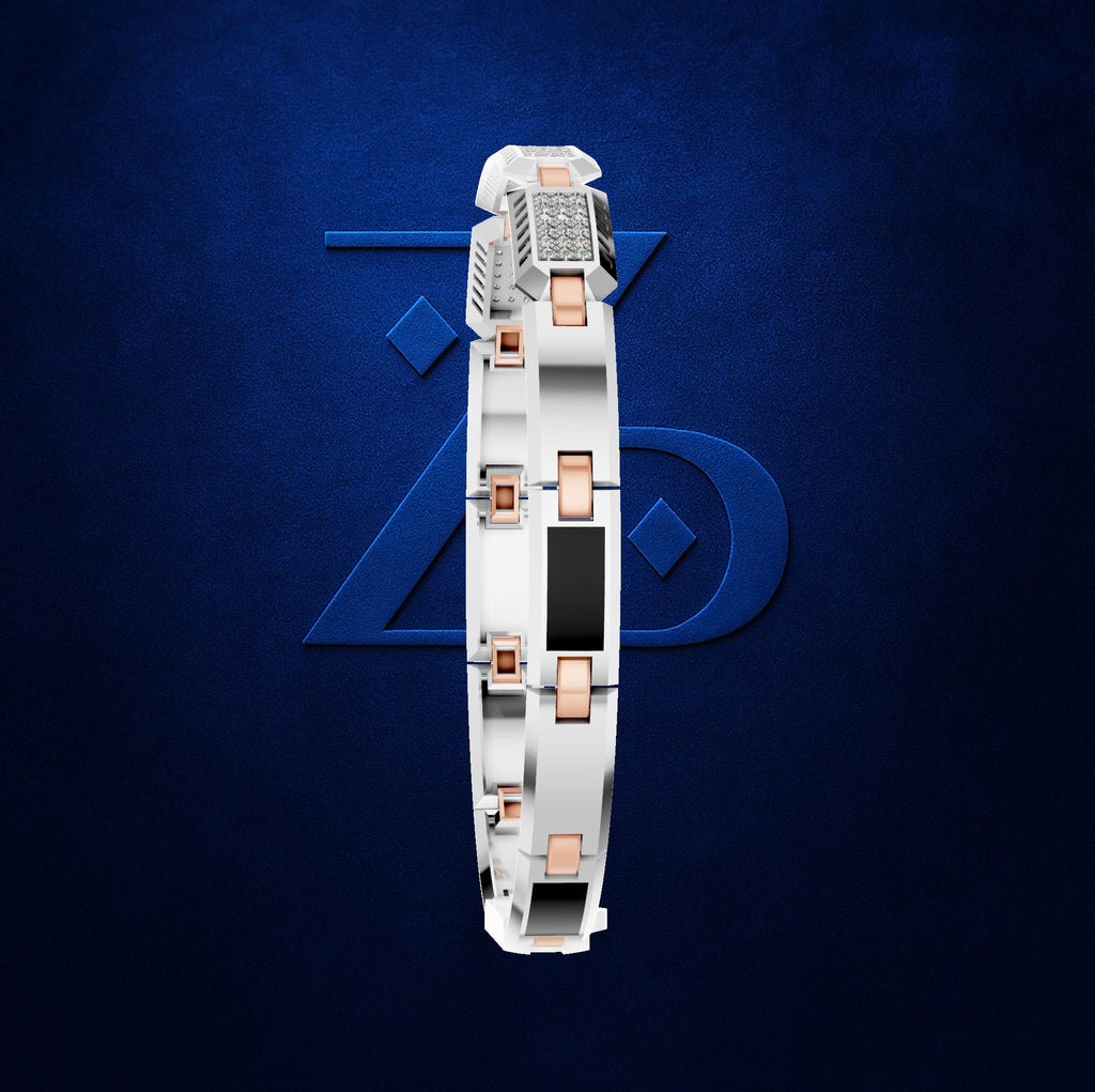 A white smartwatch with copper-colored rectangular accents and a black display screen, shown vertically against a textured dark blue background with a stylized blue logo.