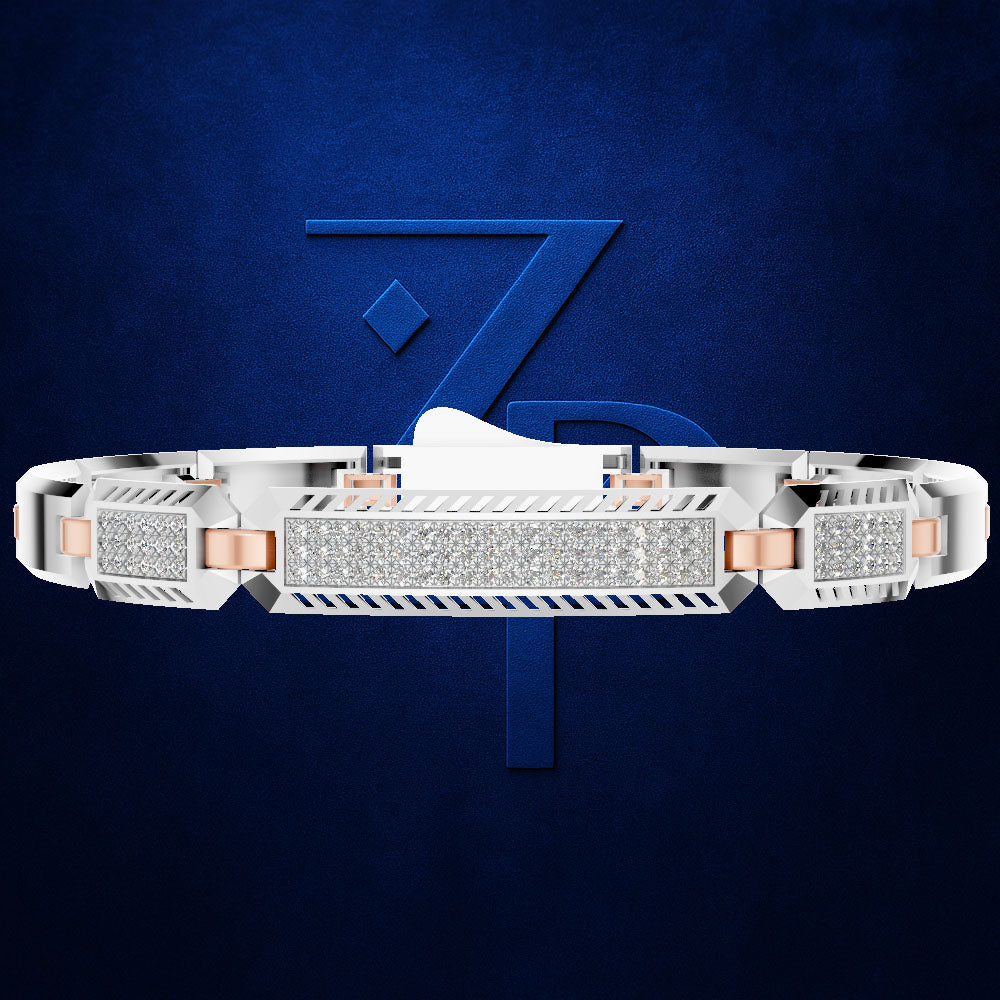 A white gold or platinum band bracelet with a central diamond-encrusted bezel and rose gold side accents, shown against a dark blue textured background with a large stylized '7' logo.