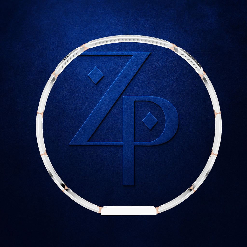 A circular white and silver tennis racket frame with a large embossed blue 'ZP' logo in the center, set against a dark textured blue background.