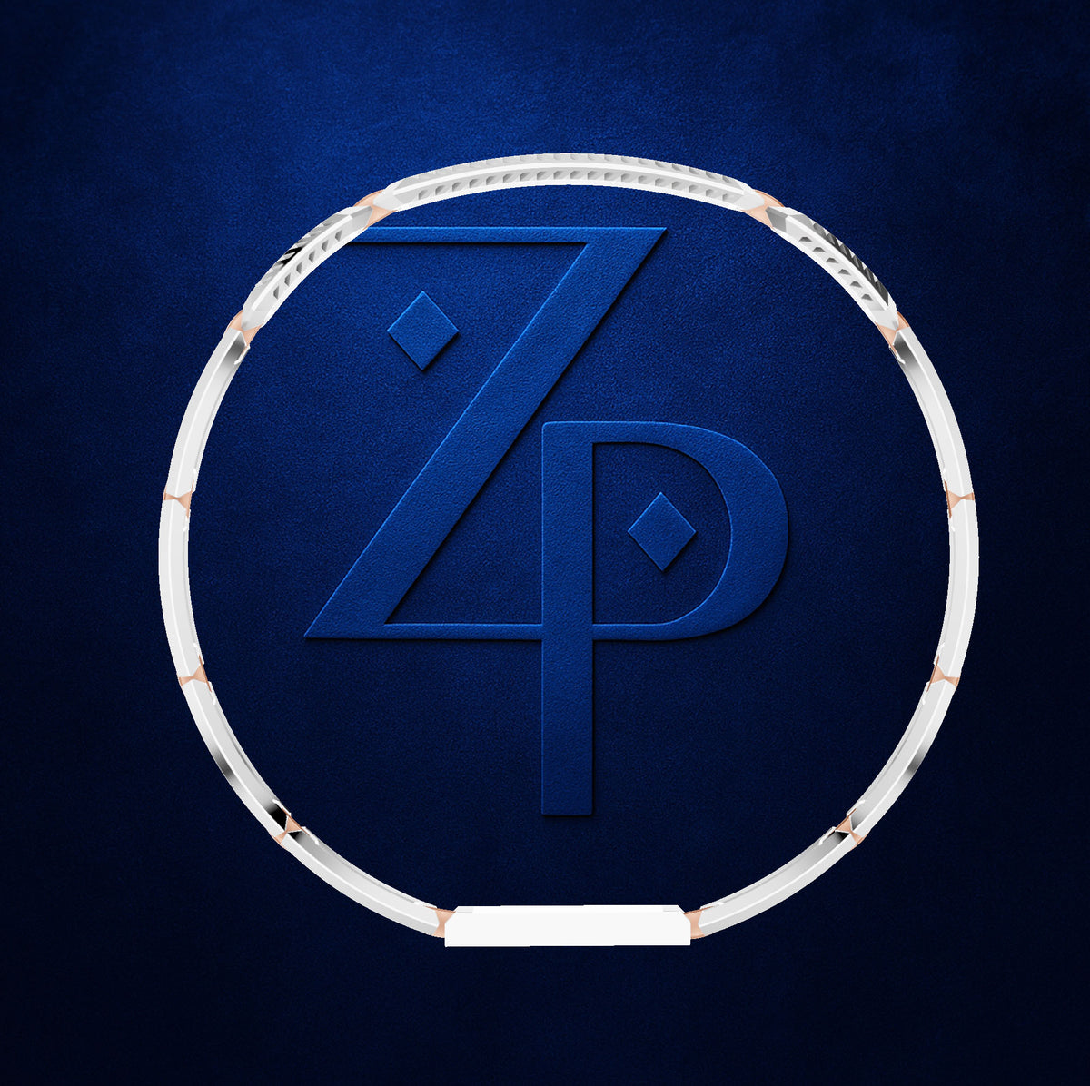 A circular white and silver tennis racket frame with a large embossed blue 'ZP' logo in the center, set against a dark textured blue background.
