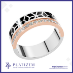 A men's modern ring by Platiszem, featuring a silver band with a black geometric pattern, a rose gold inlay with a row of clear cubic zirconia stones, and a polished silver base. The ring is displayed on a white background with a blue border and the Platiszem brand logo at the bottom.