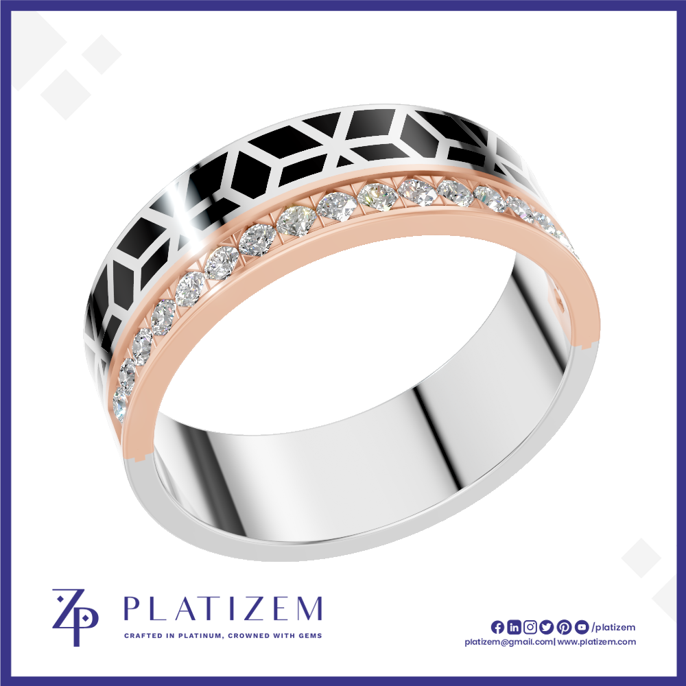 A men's modern ring by Platiszem, featuring a silver band with a black geometric pattern, a rose gold inlay with a row of clear cubic zirconia stones, and a polished silver base. The ring is displayed on a white background with a blue border and the Platiszem brand logo at the bottom.