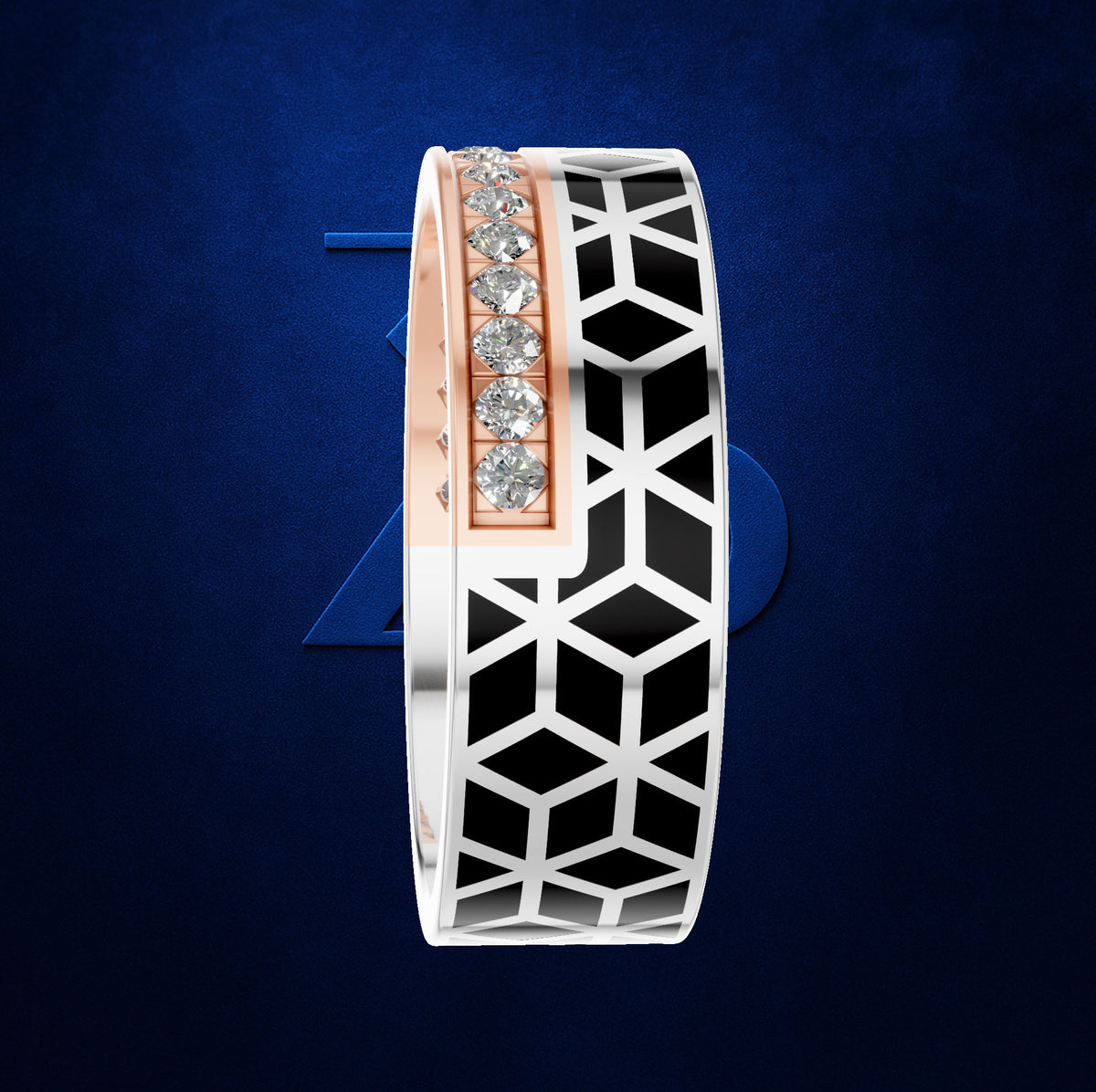 A luxury geometric ring featuring a white geometric pattern with black inlay, a rose gold band with four clear round-cut diamonds, and a polished white band, displayed on a dark blue textured background.