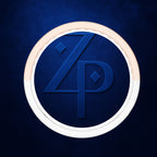 A circular emblem featuring a stylized blue 'ZP' monogram on a textured dark blue background, surrounded by a white inner ring and a metallic rose-gold outer ring, set against a dark blue backdrop.