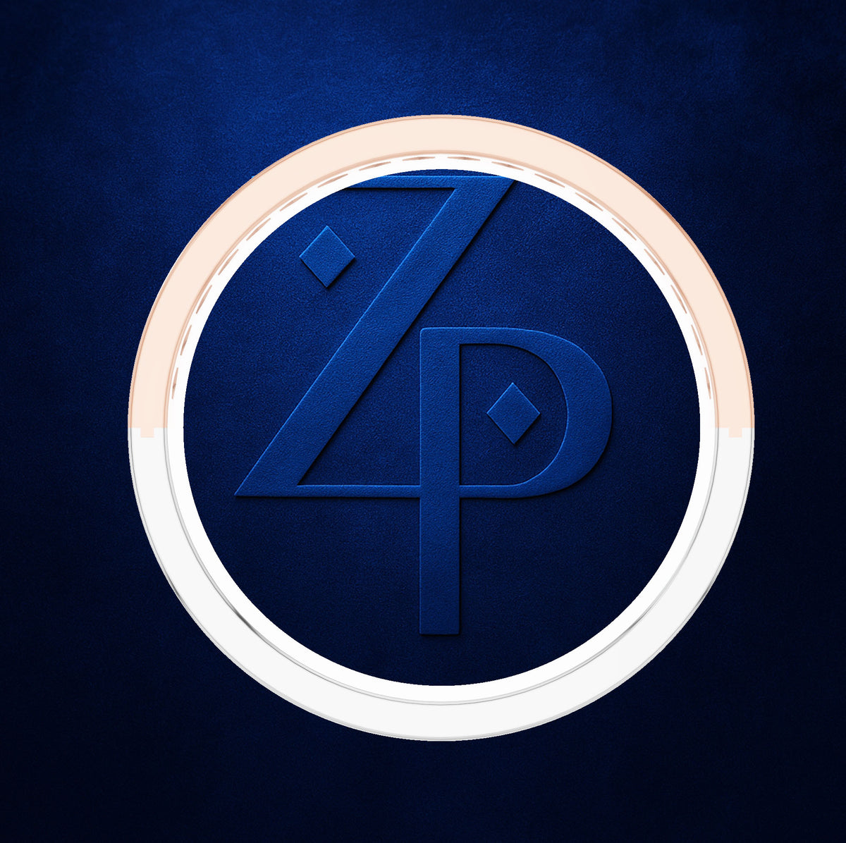 A circular emblem featuring a stylized blue 'ZP' monogram on a textured dark blue background, surrounded by a white inner ring and a metallic rose-gold outer ring, set against a dark blue backdrop.