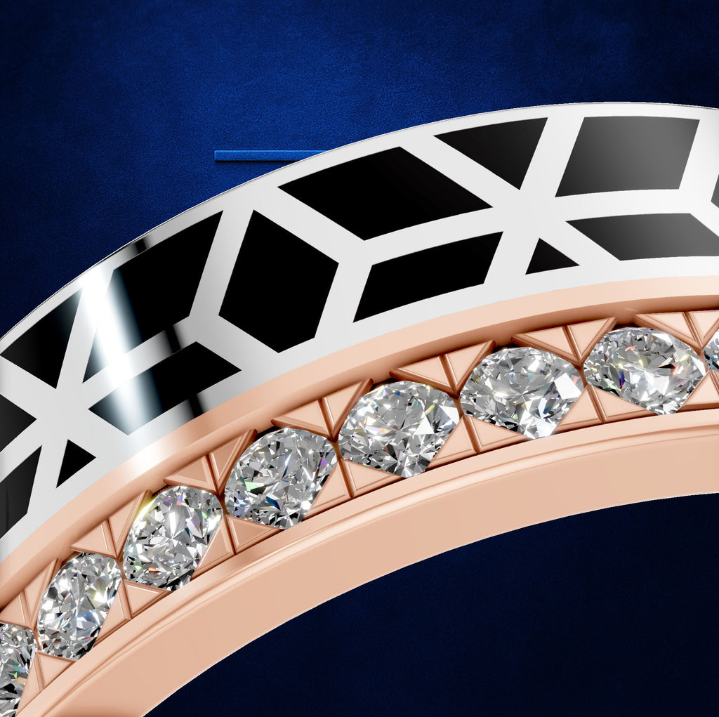 Close-up of a luxury ring featuring a rose gold band with a row of clear pavé diamonds and a white gold outer band with a black geometric inlay pattern, set against a dark blue background.