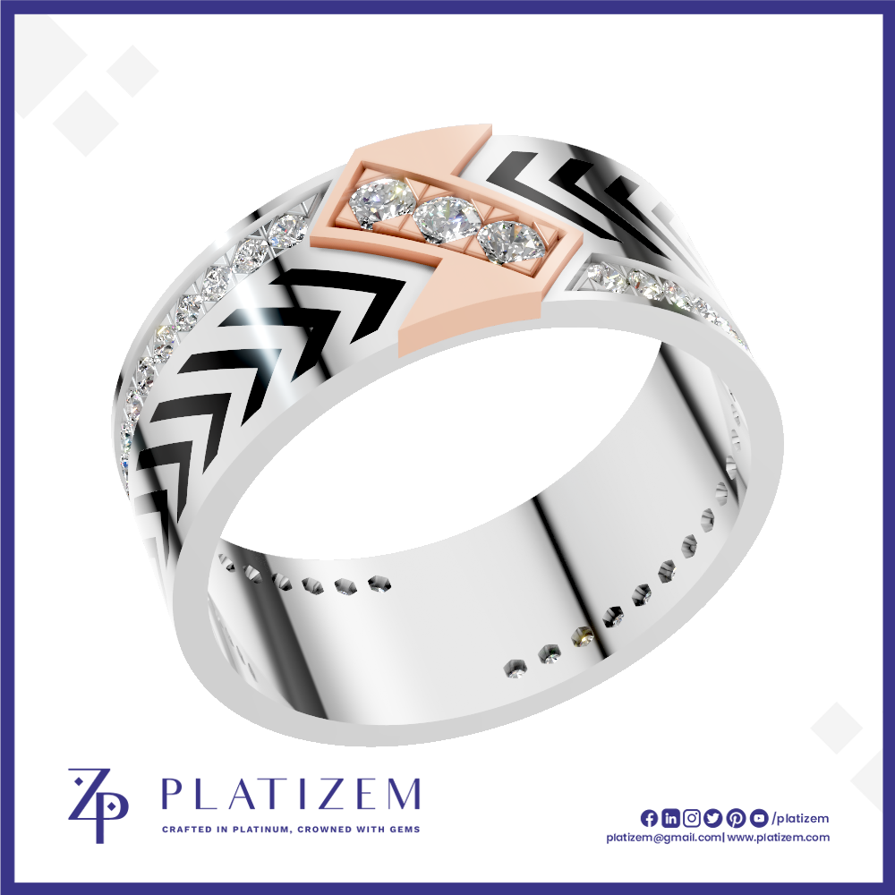 A men's platinum band ring by Platiszem, featuring a silver chevron pattern, a rose gold chevron accent, and a row of three clear cubic zirconia stones. The ring is displayed on a white background with a purple border and the Platiszem brand logo at the bottom.