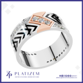 A men's platinum band ring by Platiszem, featuring a silver chevron pattern, a rose gold chevron accent, and a row of three clear cubic zirconia stones. The ring is displayed on a white background with a purple border and the Platiszem brand logo at the bottom.